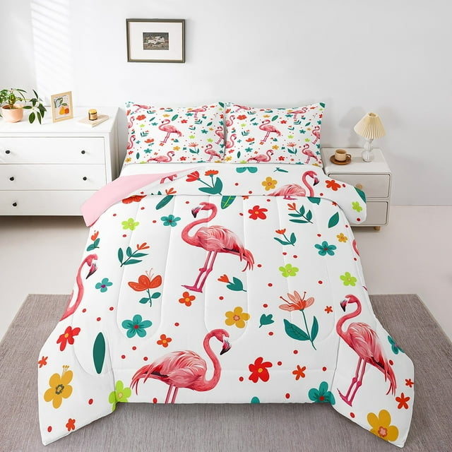 YST Flamingo Bedding Comforter Sets Pink Animal Full Comforter Set For Girls Kids Cute Flower Animal Bedding, Wild Animal Comforter Botanical Flower Pattern 3D Duvet Insert (Pink Reverse)