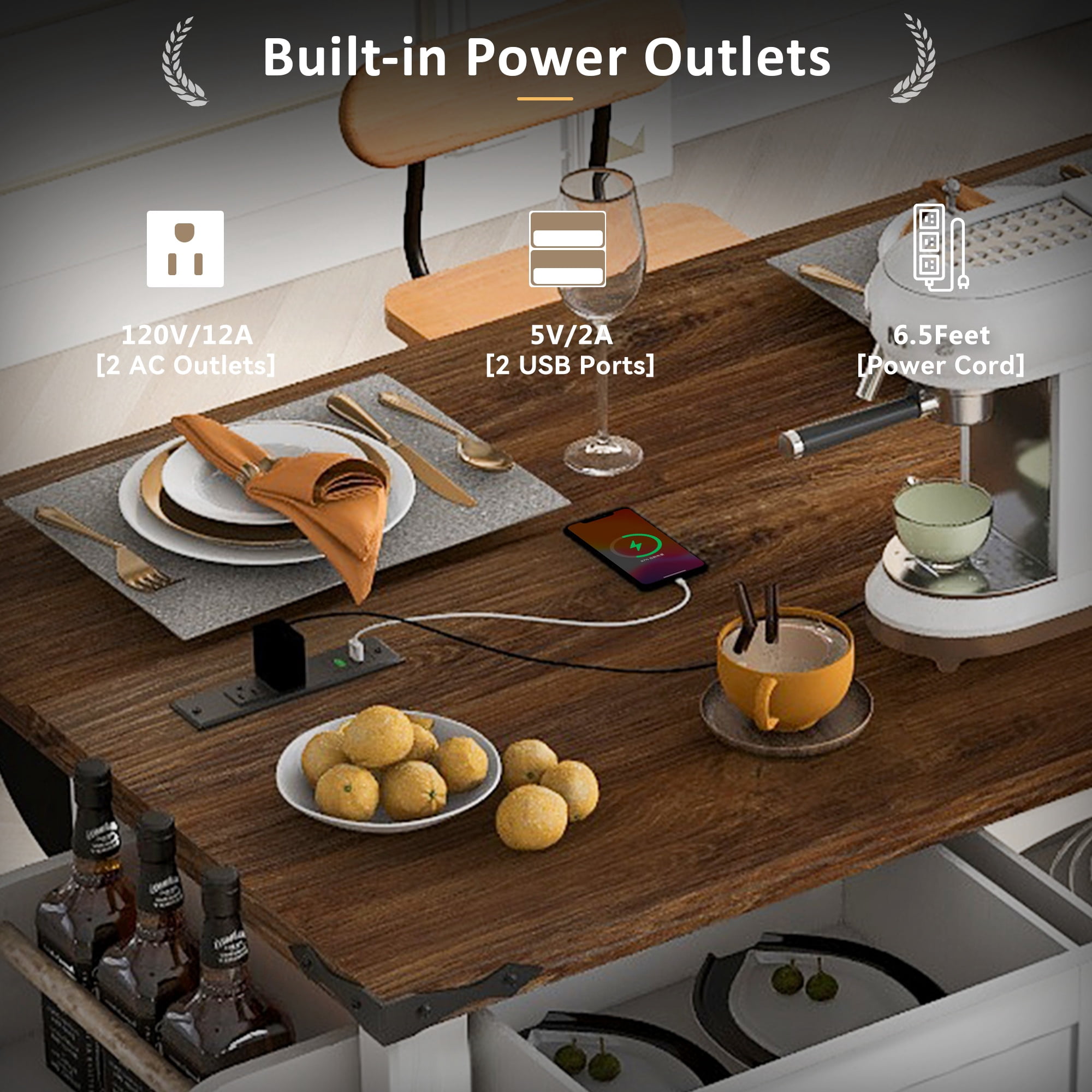 Alvantor 54'' Kitchen Island with Drop Leaf & Power Outlet, Countertop on Wheels Rolling Microwave Utility Carts with Spice Rack and Drawer White