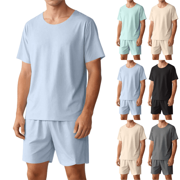 Mens Plus Size Pajama Set Crewneck Short Sleeve T Shirts and Elastic Waist Shorts Solid Color Summer 2 Piece Comfy Pajamas Sets,Sizes M-5XL