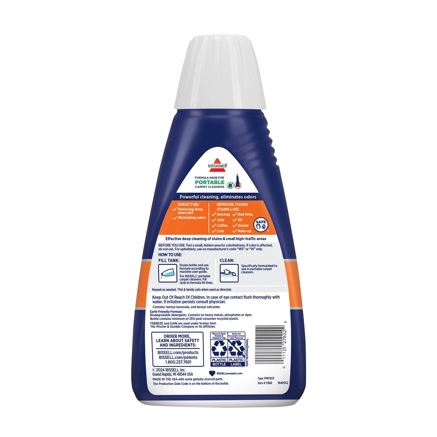 BISSELL Spot & Stain with Febreze with Original Gain Scent Formula for Portable Carpet Cleaners on Carpet, Upholstery, Area Rugs, & Auto Interiors, Odor Eliminator, 32 oz, 3968
