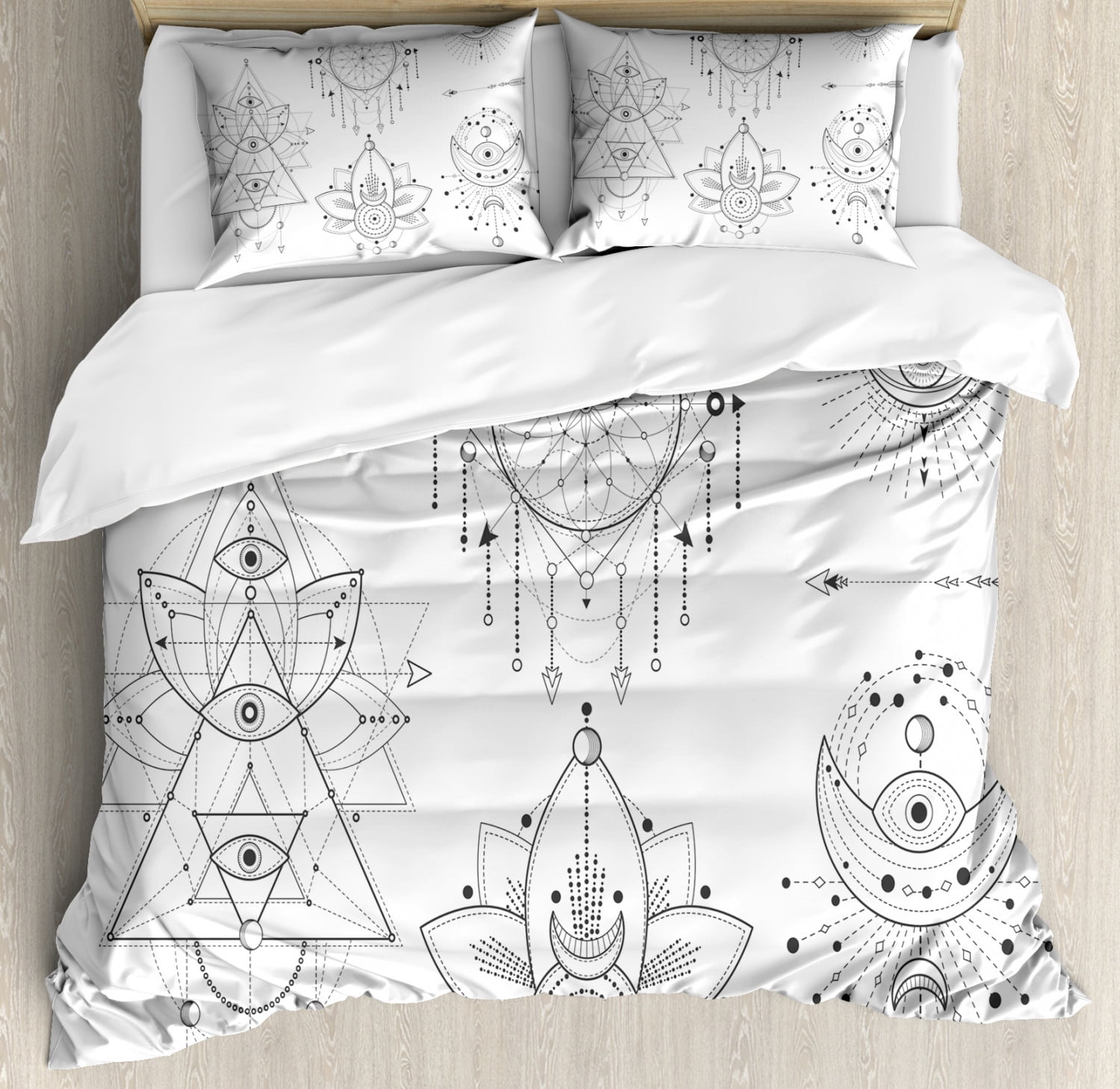Ambesonne Alchemy Duvet Cover Set Queen size, Thin Line Art Design Graphic of Geometry and Natural Mystic, Decorative 3 Piece Bedding Set with 2 Pillow Shams,