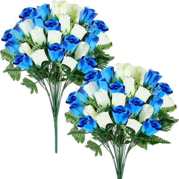 2 Pack Spring Easter Cemetery Flowers with Grave Vase 48 Heads Memorial Day Artificial Rose Fake Silk Flower Bouquet Easter Grave Flowers for Cemetery Graveside(Yellow)