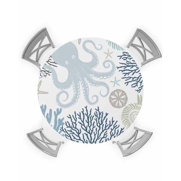 nqOlkjepod Blue Beige Octopus Coastal Round Tablecloth, Fitted Table Cover with Elastic for 55"-60" Round Tables, Nautical Coral Starfish Table Cloth Outdoor Dinning Party Waterproof Tablecloths