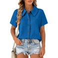 thumbnail image 4 of Women's Waffle Button Down Collared Shirt Short Sleeve Casual Blouse Loose Fit Lightweight Waffle Knit Gauze Shirts Summer Dressy Casual Office Work Blouse Business Camping Clothes Blue M, 4 of 7