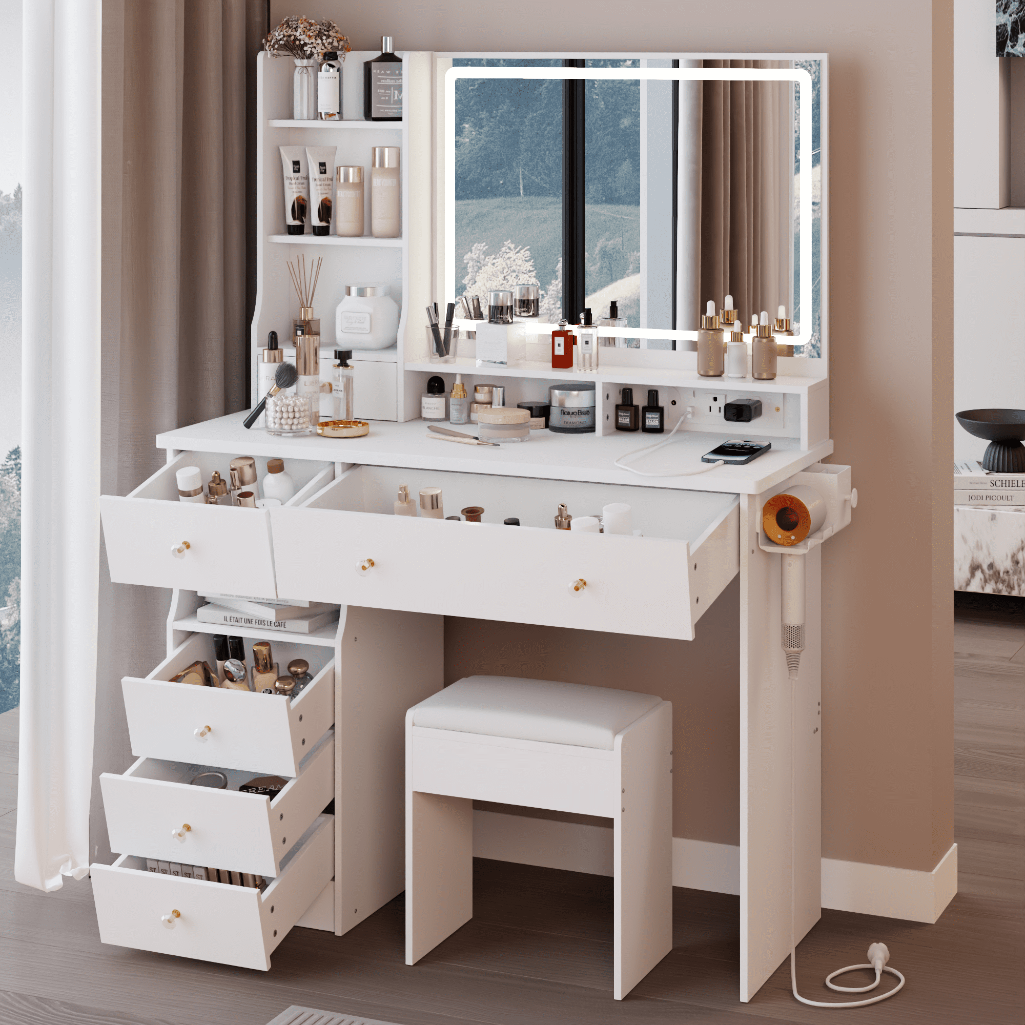 Euroco 41" Large Size Left Drawer Desktop Vanity Table+Cushioned Stool Dresser Set, 2 AC+2 USB Power Station, Hair Dryer Stand, Extra Large Touch Control LED Mirror