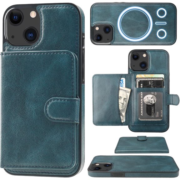 Wallet Case for iPhone 13 Compatible with MagSafe Magnetic RFID Blocking Detachable Premium PU Leather Flip Case with Card Slots Holder Kickstand Wireless Charging 6.1 Inch Blue
