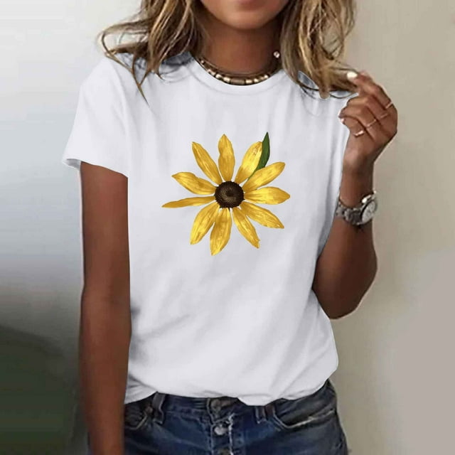 Ovbmpzd Hauts d'Été pour Femmes Manches Courtes Blanches T-Shirts Graphiques Floraux Amusants pour Femmes TTTG