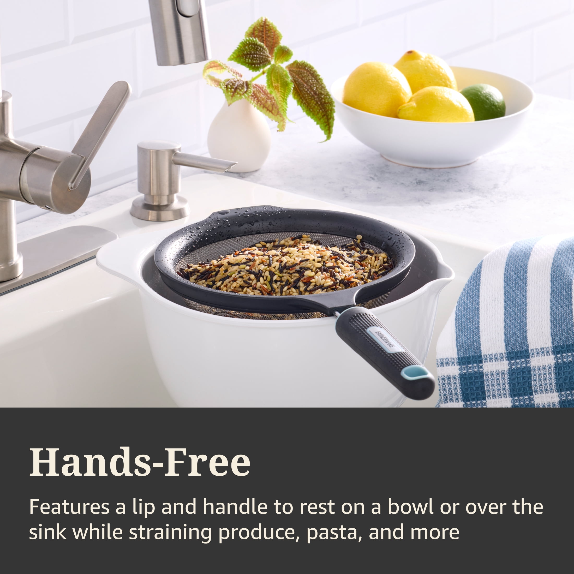 Farberware Soft Grips 7 in Stainless Steel Fine Mesh Strainer, Black with Slate Accents