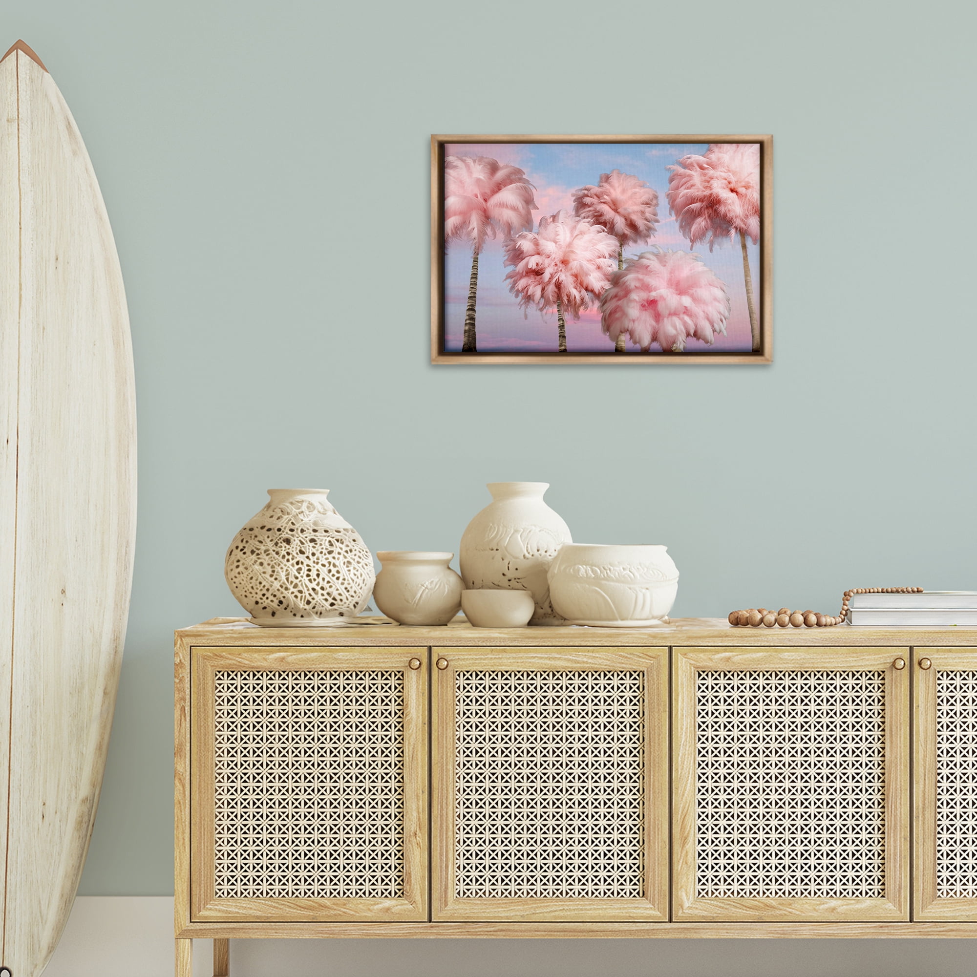 Stupell Industries Fluffy Pink Palm Trees Botanical & Floral Painting Brown Floater Framed Canvas Art Print Wall Art, 25 x 17