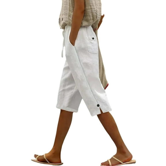 biudgviw Womens Capri Pants for Women Drawstring High Waisted Wide Leg Cropped Pants Cuffed Hem Summer Beach Vacation Capris Bottoms