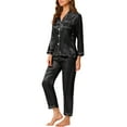 thumbnail image 4 of INSPIRE CHIC Women's Satin Lounge Set Long Sleeve Button Down Shirts with Pants Silky Pajamas L Black, 4 of 7