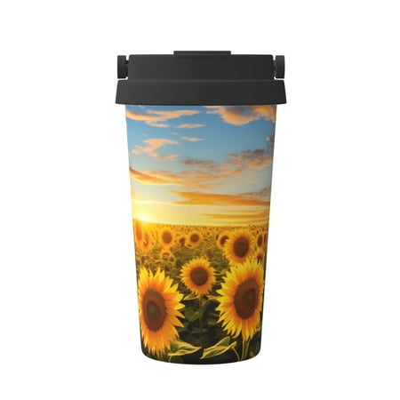 

Pofeuu Beautiful Golden Sunflower Field Print Coffee Mug Iced Coffee Tumbler Cup Double Wall Vacuum Leak-Proof Thermos Mug CoffeeThermos Travel Mug