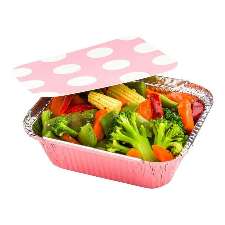 12 oz Rectangle Silver Aluminum Take Out Container - with Polka Dot Paper Lid - 5 3/4 inch x 4 3/4 inch x 1 3/4 inch - 200 Count Box