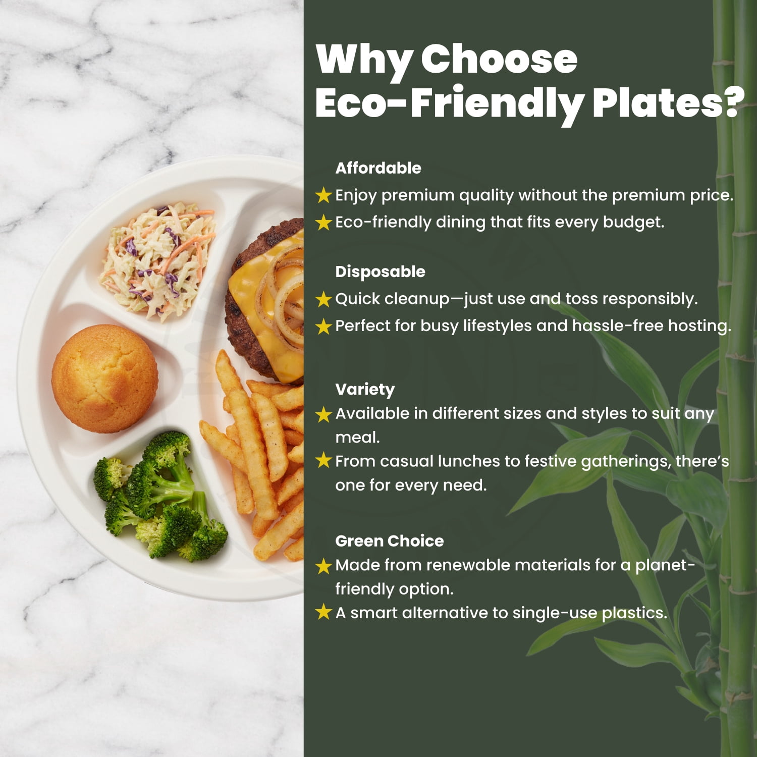 FPN Disposable Plates 4 Compartment 125 Pack 12x12 in Bagasse Compostable