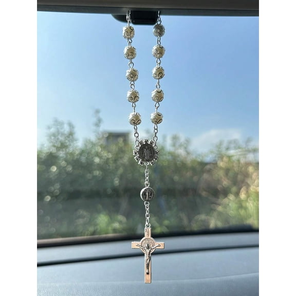 Car Rearview Mirror Cross Pendant, Christian Cross Interior Suspension Decoration with Metal Chain, Bling Jesus Religious Charm for Automotive Mirror, 1-Piece