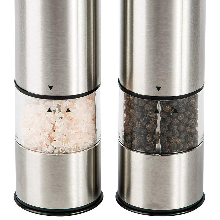Electric Salt and Pepper Grinder Set, Stainless Steel Automatic Refillable Battery Operated Salt and Pepper Mills with Light, One Handed Push Button