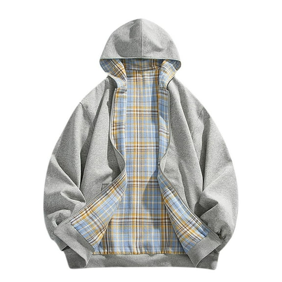 M-5X Big & Tall Jackets for Men with Pockets and Hoodie Plus Size Reversible Coats Mens Long Sleeve Zip Up Plaid Printed Thermal Athletic Jacket