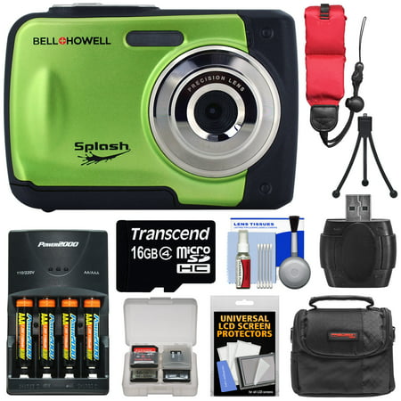 Bell & Howell Splash WP10 Shock & Waterproof Digital Camera (Green) with 16GB Card + Batteries & Charger + Case + Mini Tripod + Floating Strap + Reader +