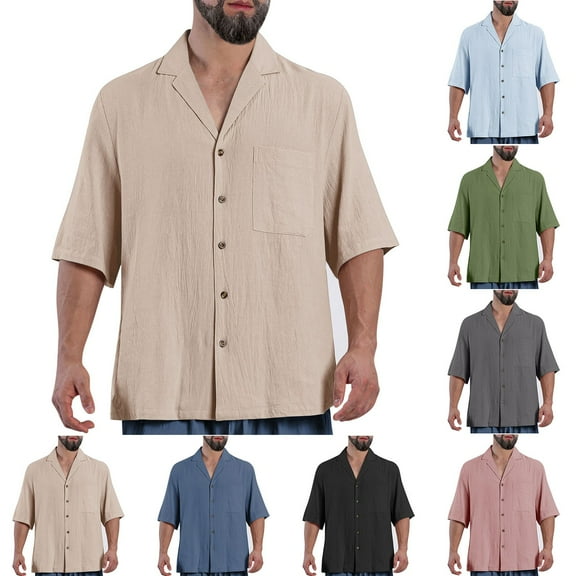 Jinhomg Casual Loose Shirt for Men Breathable Comfy Cotton Linen Summer Tops Basic Solid Short Sleeve Button Down Beach Tops Holiday Vacation Wear 90 Percent off Clearance Sale Army Green S