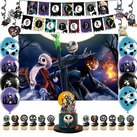 The Nightmare Before Christmas themed birthday party supplies, party set includes banners, balloons, backdrop, cake cupcake decorations, suitable for boys and girls birthday theme parties