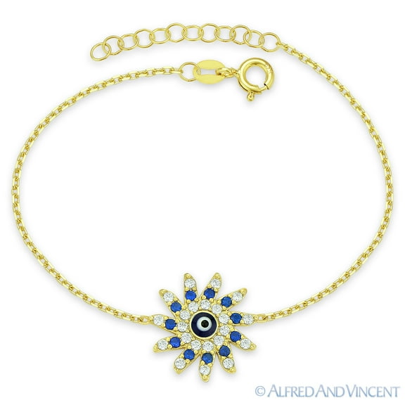Evil Eye Glass Bead & Sun Charm Bracelet with CZ Crystals in .925 Sterling Silver