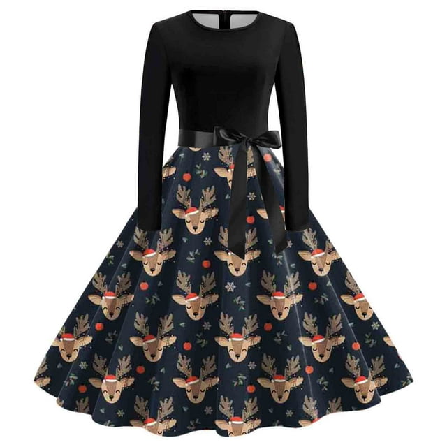 2025 Robe Longue Vintage Confortable pour Femmes, Manches, Col Rond, Noël, Robes pour Femmes sous le Genou, Ménagère, Soirée, Bal, Fête, Plage