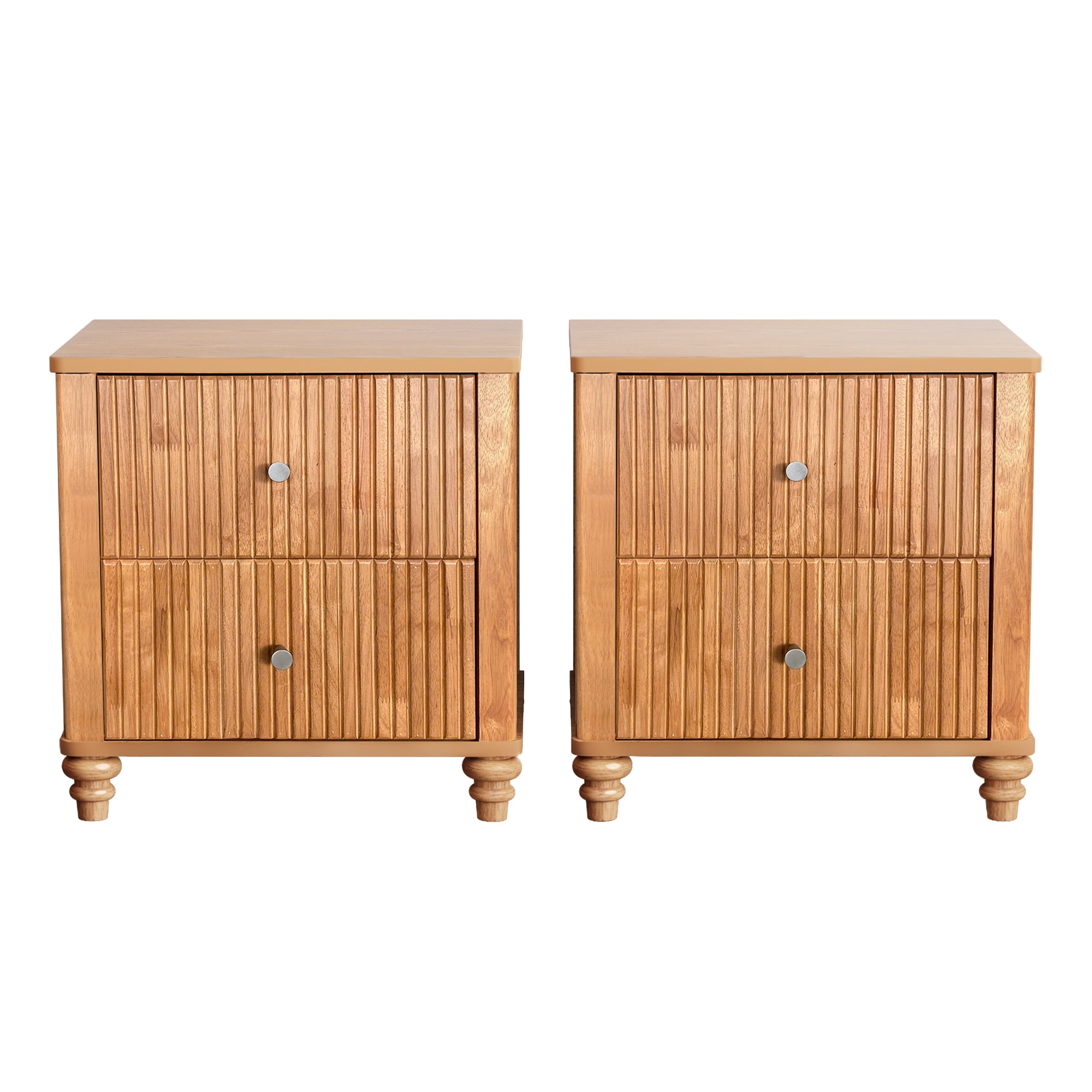 Fluted Nightstand 2-Piece Set, 21.65" Wide Side Table with 3 Drawers, Mid Century Modern Wood NightStand with Metal Handle, Wooden Bedside End Table for Bedroom, Living Room, Closet, Natural