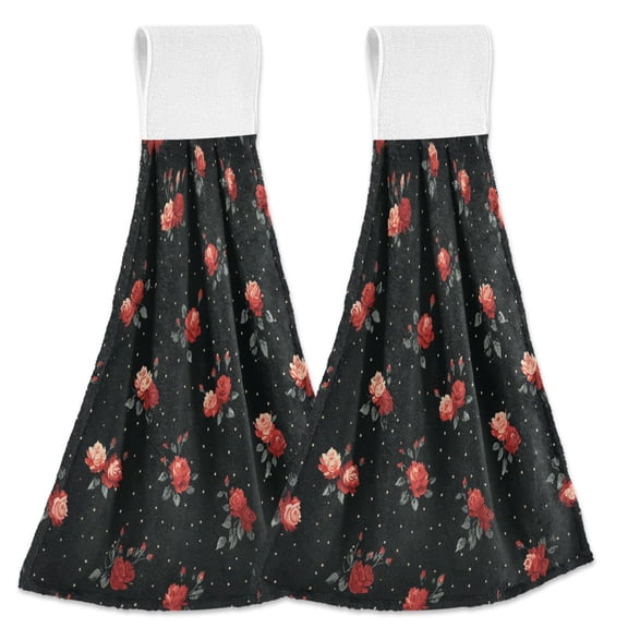 Roses Dots Black Background Hanging Towels with Loop Hand Towels Nylon Fastener Tape Design Dish Cloths 2 Pcs