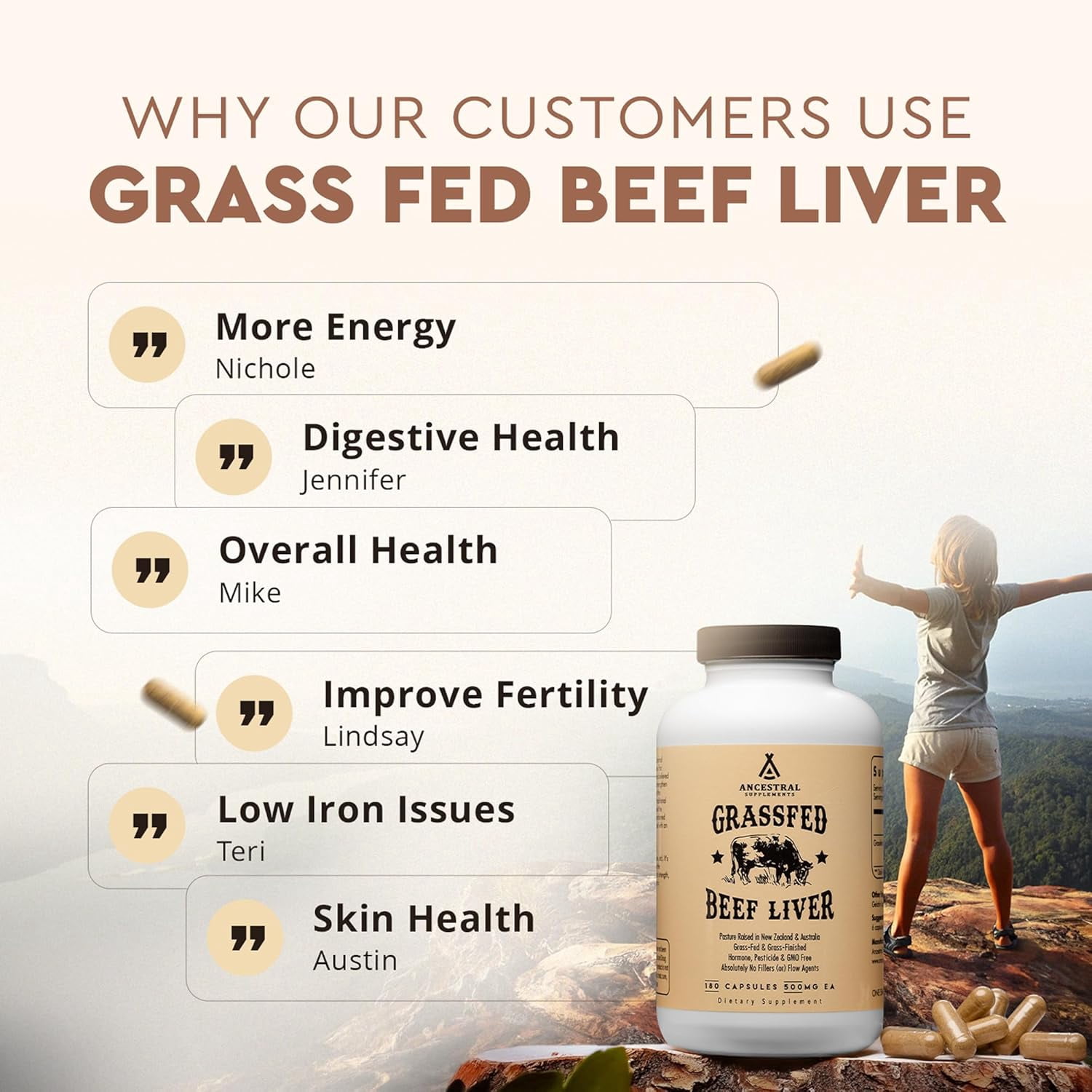 Ancestral Supplements Beef Liver, Grass-Fed, Natural Iron, Vitamin A, B12 for Energy, 180 Capsules