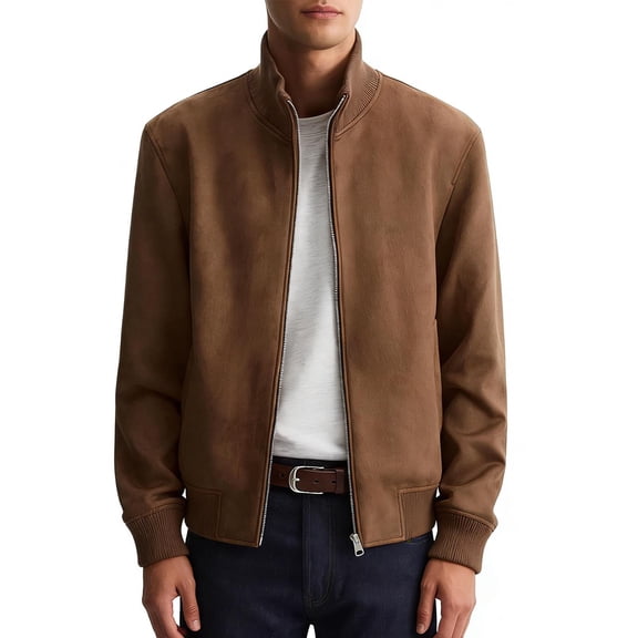 Men's Suede Leather Bomber Jacket Solid Color Long Sleeve Stand Collar Zipper Casual Jacket Winter Fall Fashion Business Outerwear