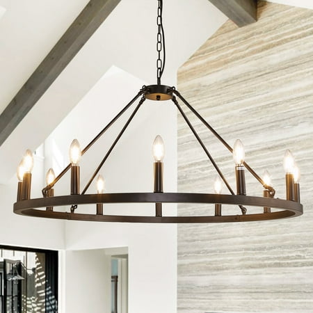 

Magic Home 12-Light Wagon Wheel Chandelier Modern Farmhouse Large Round Chandelier Round Kitchen Island Light Black frame + black lamp head