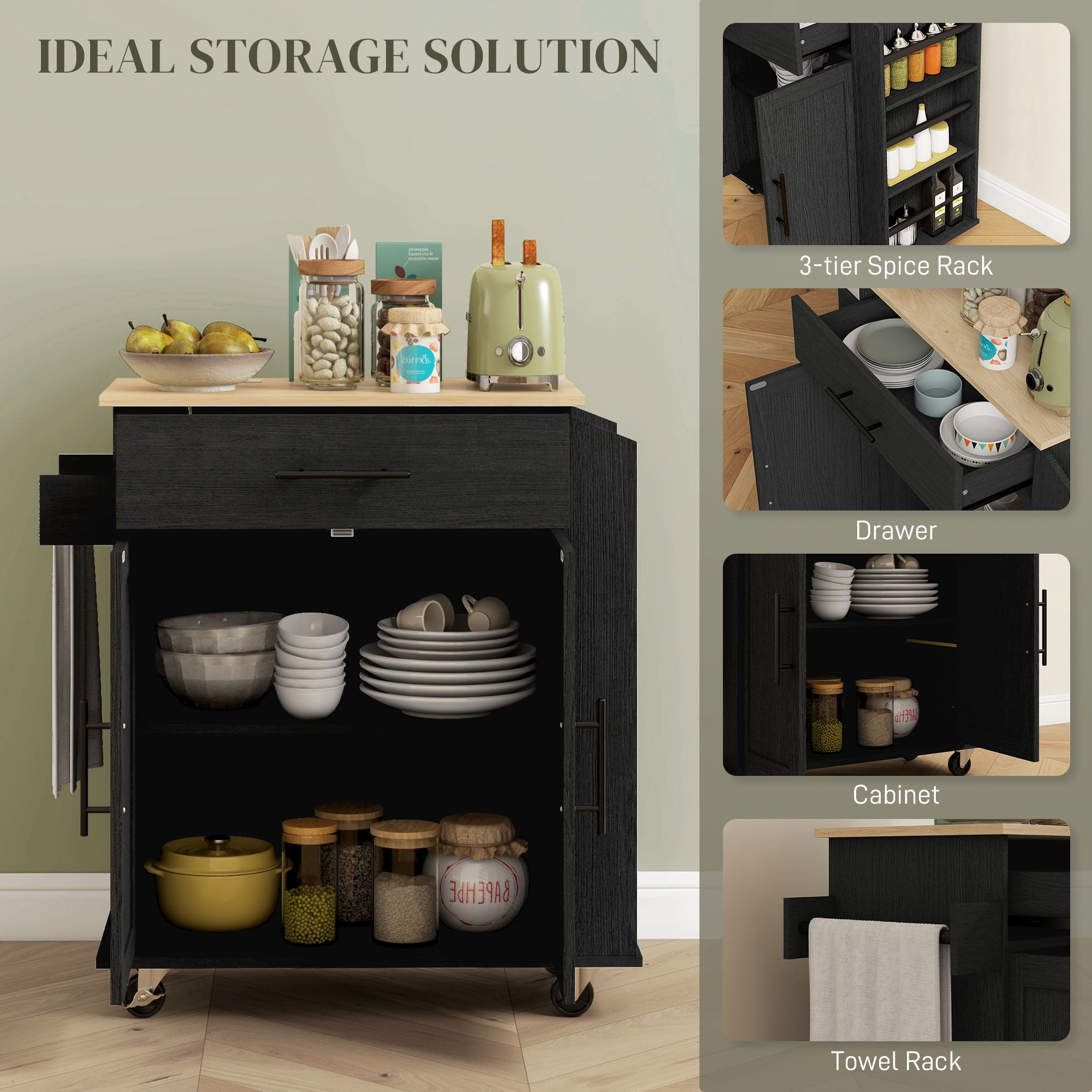 HOMCOM Kitchen Island with Storage and Power Outlets, Rolling, Black