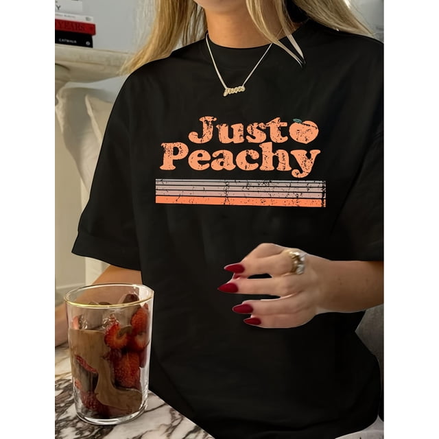 Women'S Vintage Crew Neck T-Shirt, "Just Peachy" Geometric Pattern, Short Sleeve, Regular Length, 100% Polyester Knit Fabric, Summer Casual Top, 200g/m² - Black