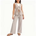 thumbnail image 2 of FRSASU Girl's Summer Striped 2 Piece Set Casual Bow Tie Vest and Wide Leg Linen Pants Matching Set Beach Vacation Outfits Khaki, 2 of 6