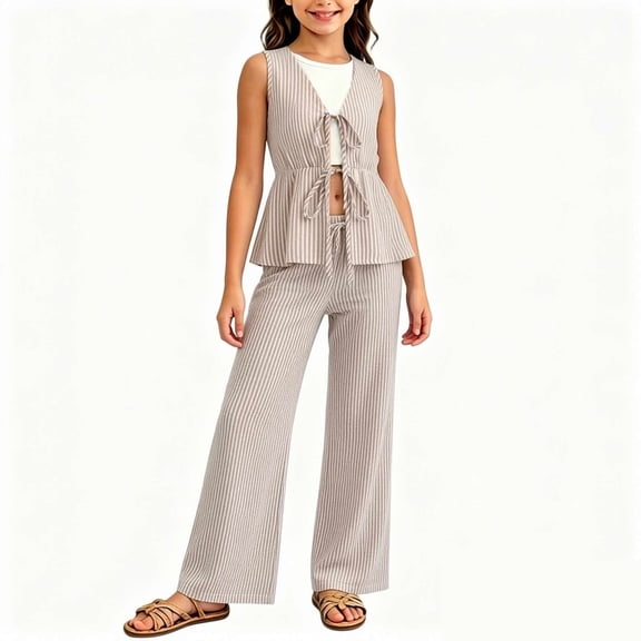 Amidoa Girls Summer Outfit Sets 2 Piece T-Shirt Tank Top and Casual Pants Set Kids Clothing Sets Khaki Size 8