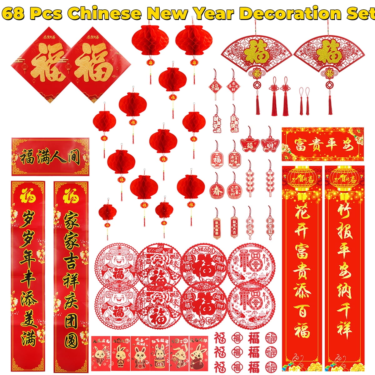 2023 Chinese New Year Decorations Set, 38 Pcs Lunar New Year Decor Red Paper-Cuts Lanterns Rabbit Red Envelopes Door Stickers Lucky Hanging Ornaments