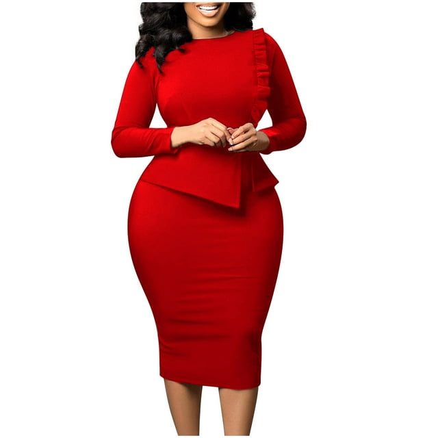 Robe à Manches Longues Femme Mode Manches Longues Couleur Unie Col Rond Tempérament Robe de Travail Robe à Manches Longues pour Femme Aguichant Robe Aguichant à Manches Longues pour Femme