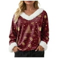 thumbnail image 6 of larppty Christmas Tops with Xmas Printed V Neck 2025 Fur Trim Long Sleeve Shirts Blouse Holiday Party Tops for Women (Wine, XL), 6 of 8