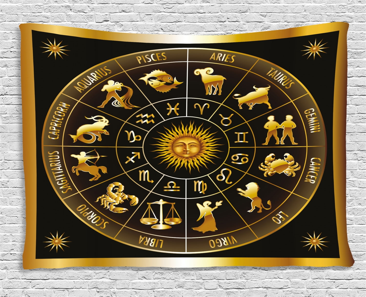 Astrology Tapestry, Wheel Zodiac Astrological Signs in Circle with Sun ...