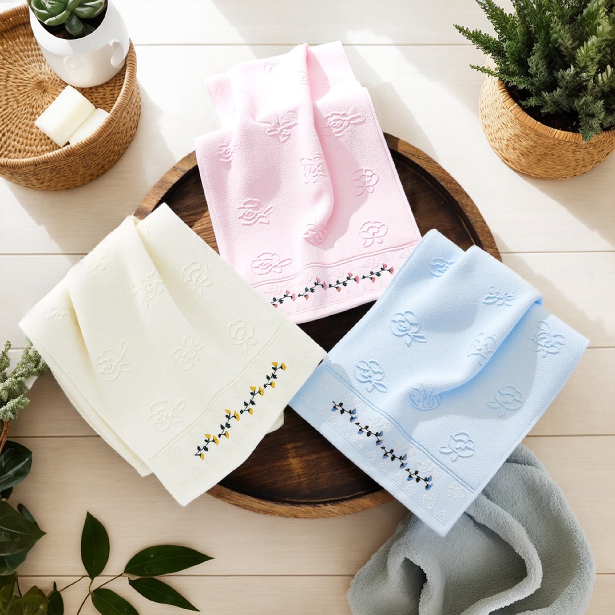 REGALWOVEN Floral Embroidered Hand Towels for Bathroom, 13 x 29 Inch Soft Absorbent Decorative Towel for Bath, Kitchen, Spa, Gym Light Yellow 4-Piece
