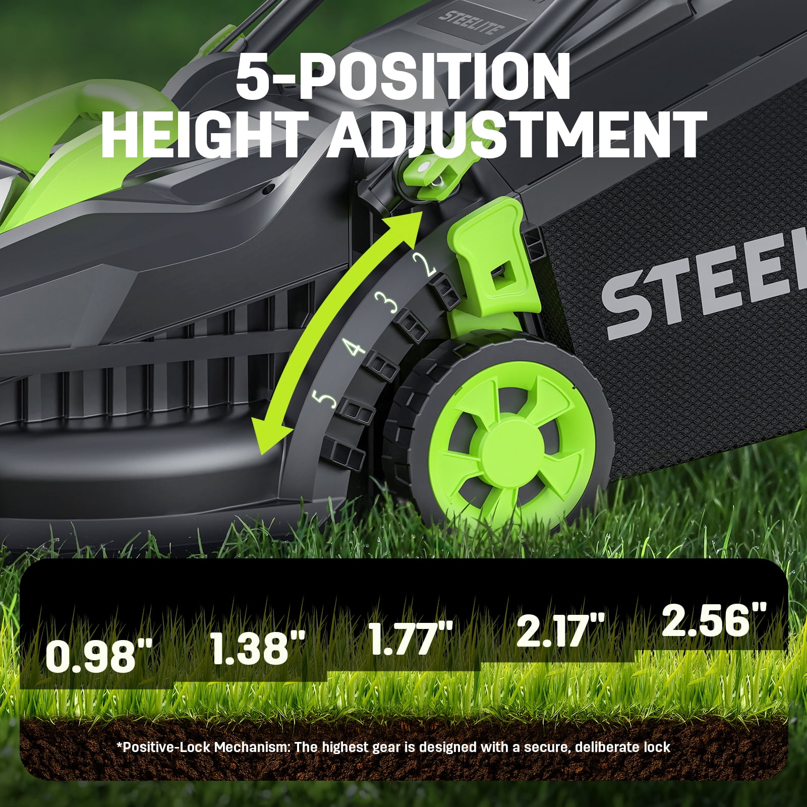 Steelite 13-Inch Cordless Lawn Mower, 21V Electric Lawn Mowers with Brushless Motor for Garden,5 Heights Adjustment, 4.0Ah Battery & Charger Included