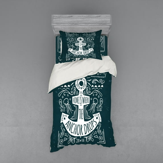 Ambesonne Anchor Bedding Set 3 Pcs, Hand Drawn Hipster, Twin, Dark Blue White