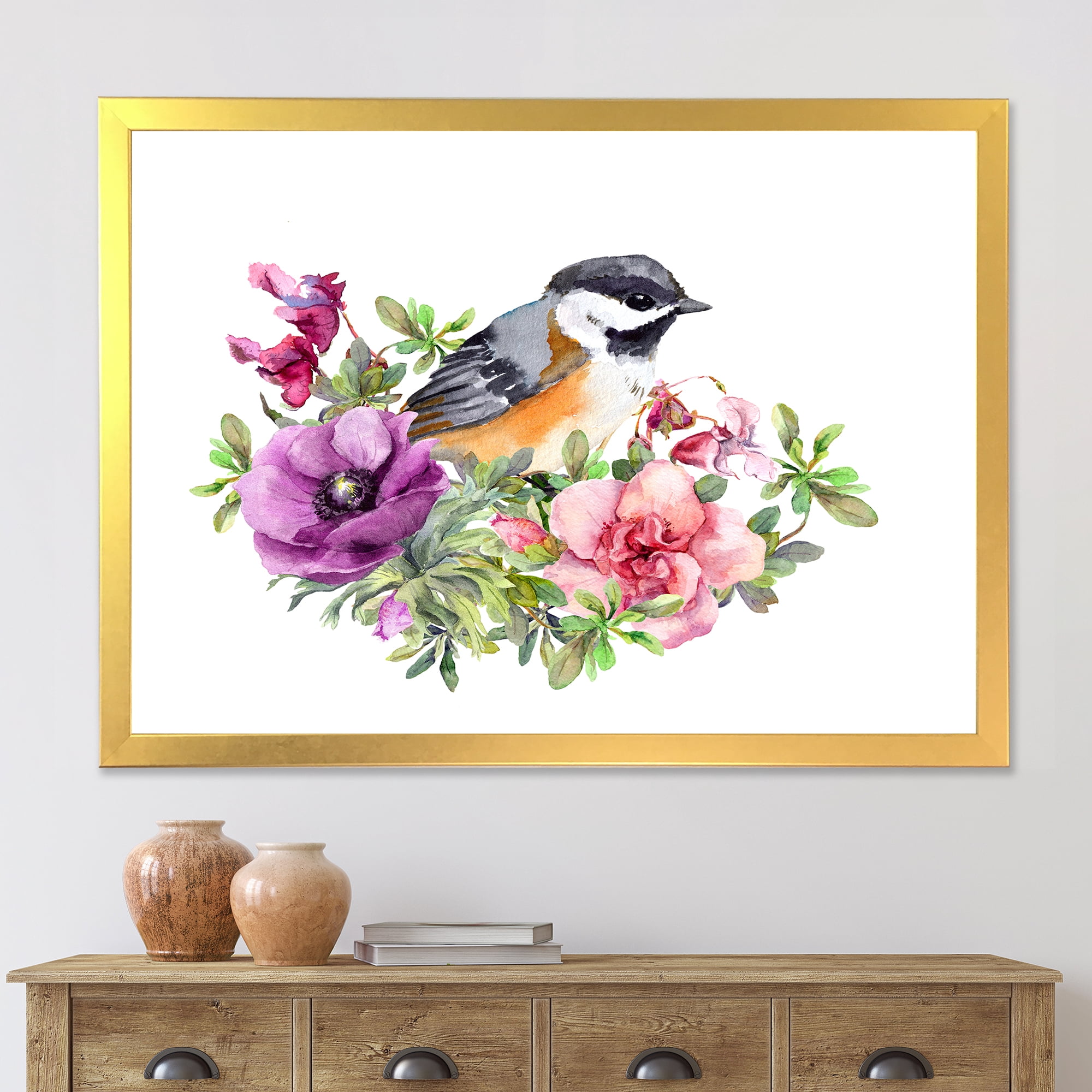 Designart 'Cute Bird In Purple and Pink Flowers' Traditional Framed Art Print