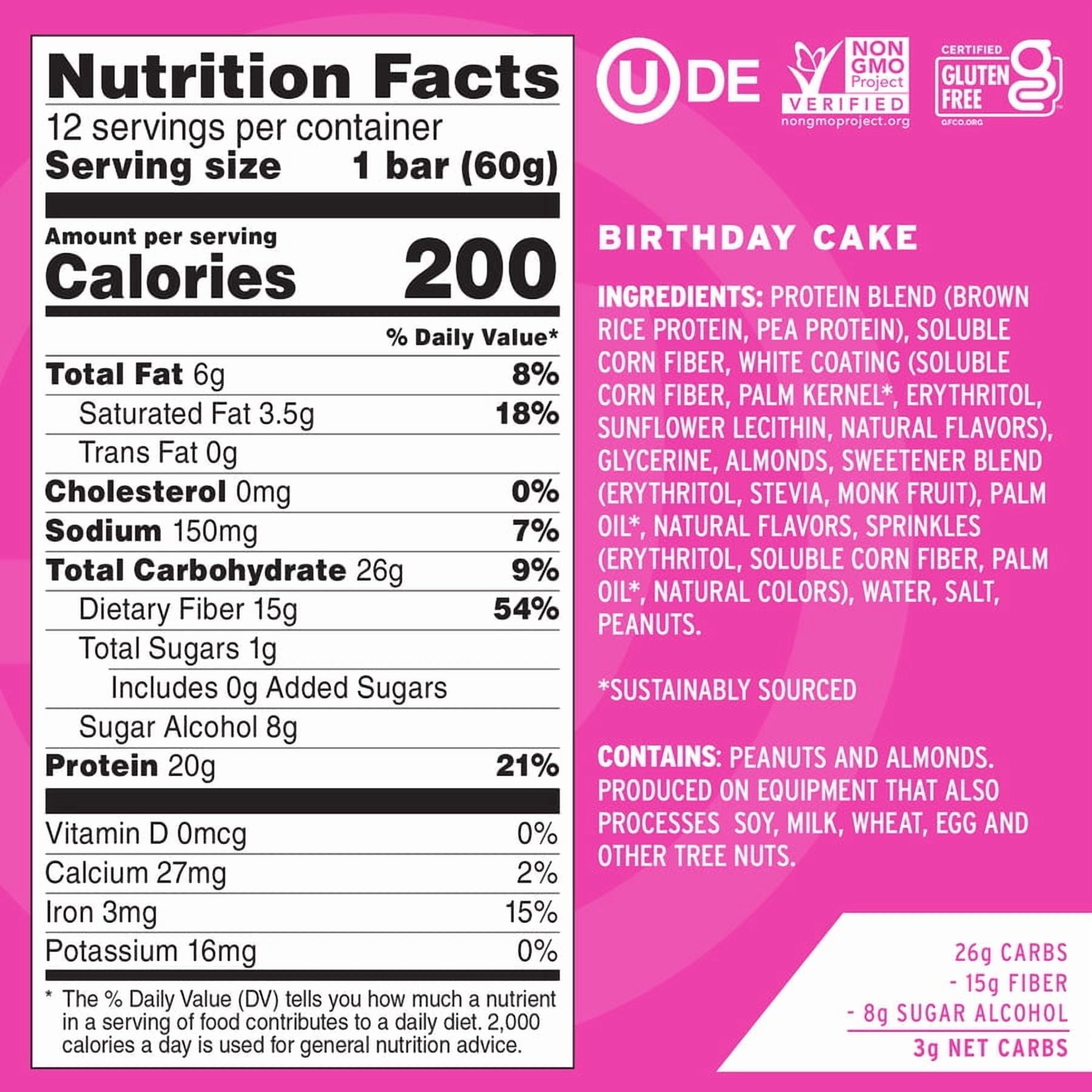 Pack of 12, No Cow Bar Dipped Birthday Cake Protein Bars, 2.12 oz