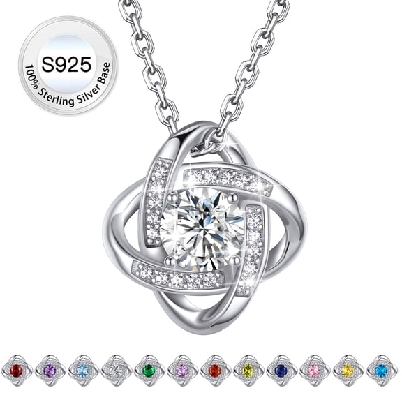 Bestyle Pure 925 Sterling Silver Love Knot Necklace Synthetic Diamond Birthstone Pendant Necklace Mother's Day Birthday Graduation Gifts for Women, April