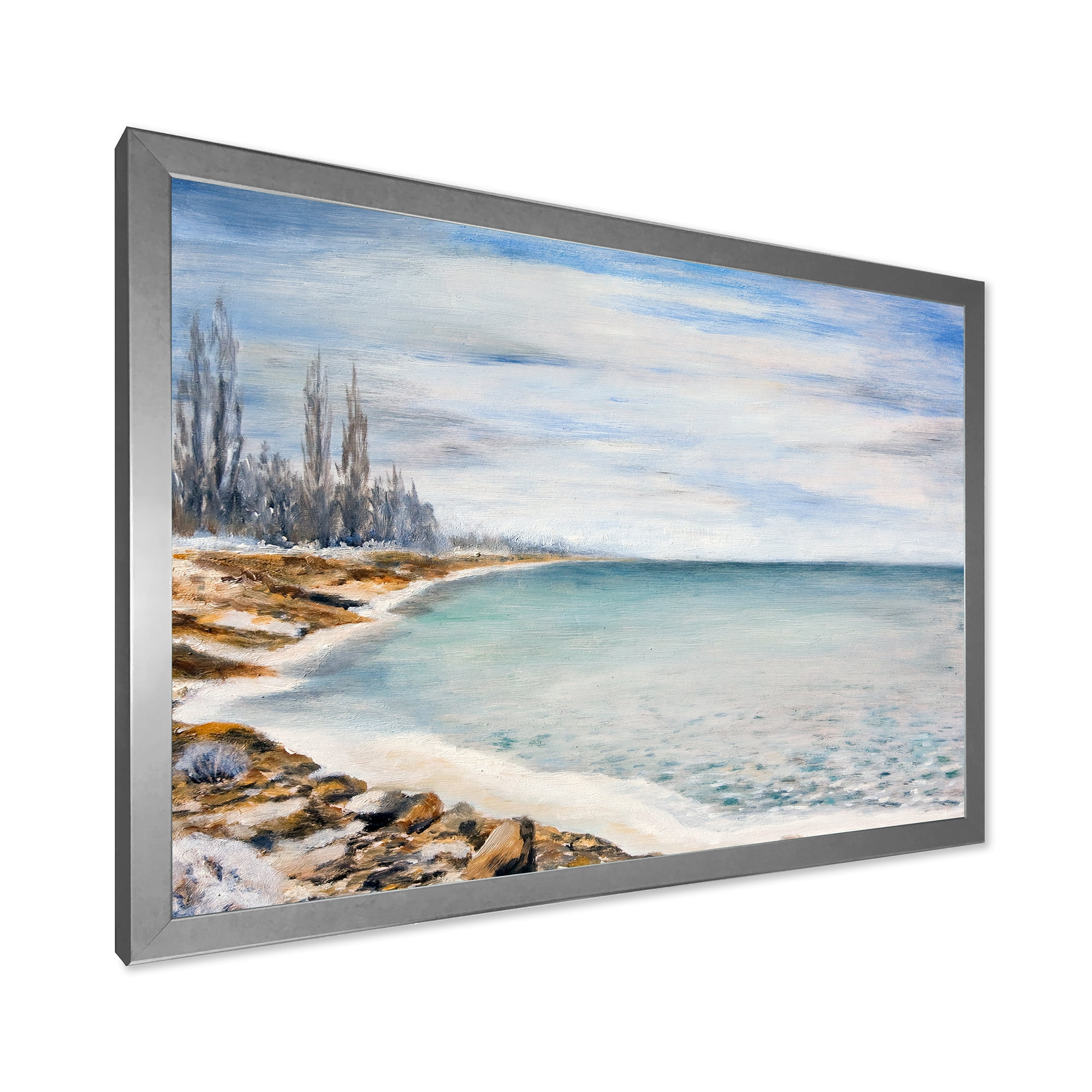 Designart 'Beach Is Covered With Ice' Nautical & Coastal Framed Art Print