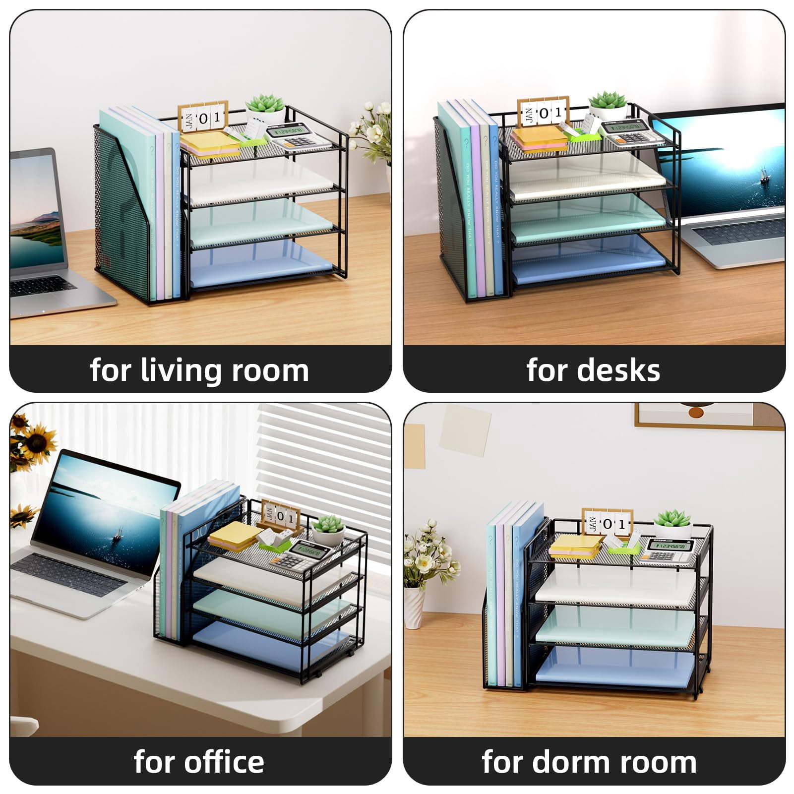 Marbrasse Desk Organizer and Accessories，4-Tier Paper Letter Tray Organizer with File Holder for Home Office Desk Supplies (Black)1 Count