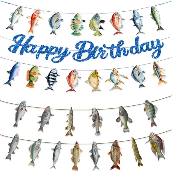 Fishing Party Banner Decorations - Fishing Birthday Banner Fish Garland Signs for Indoor Outdoor Fish Birthday Party Retirement Farewell Party Supplies Decorations