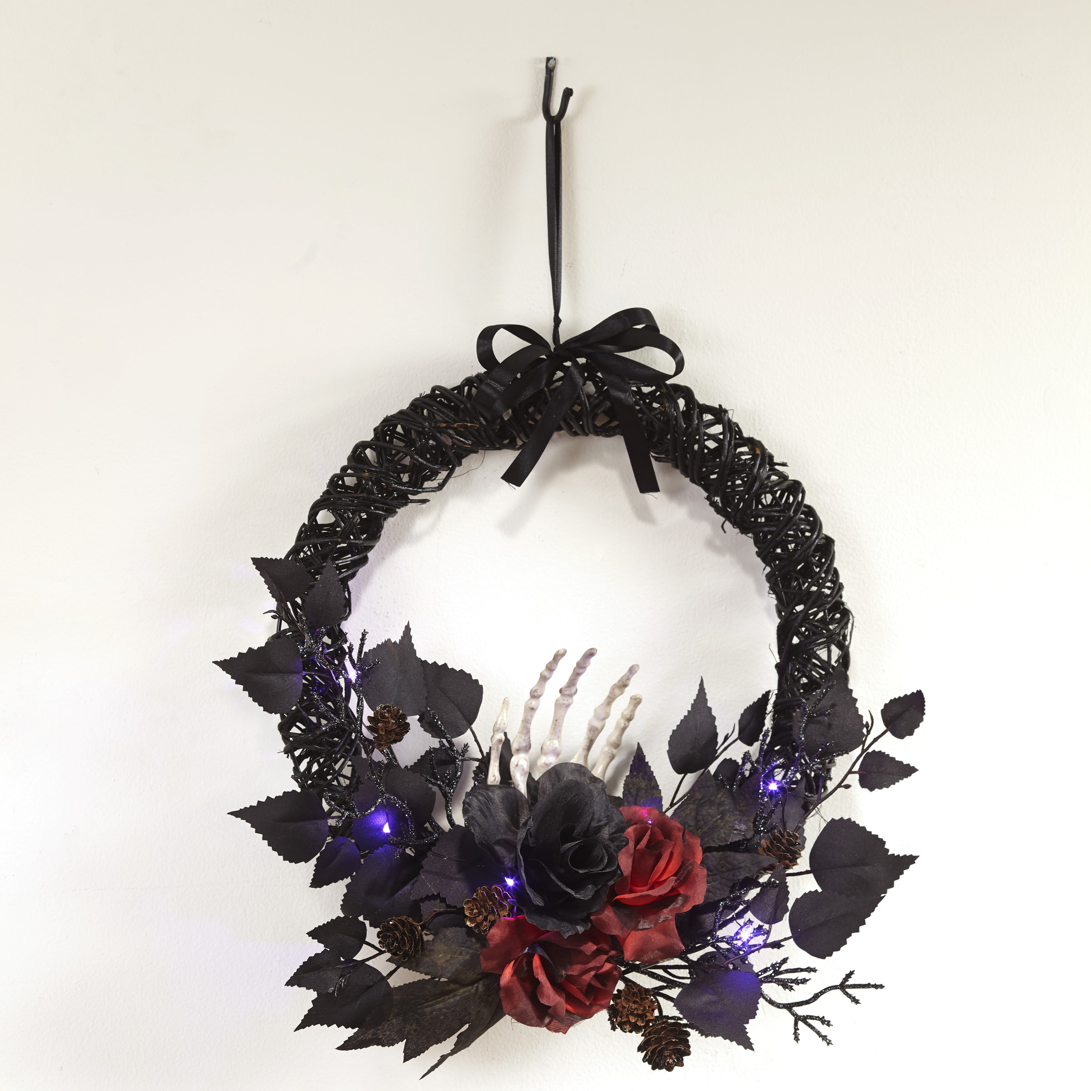 Lighted Gothic Rose Halloween Wreath with Faux Red Rose Accents