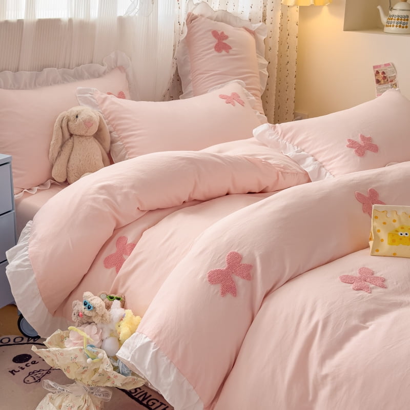 Ruffle Duvet Cover Twin Size 3 Pieces Pink Bow Duvet Cover Set Chic Textured Comforter Cover for All Season Cute Bedding Set with Zipper 2 Pillow Shams for Kids Girls Adult
